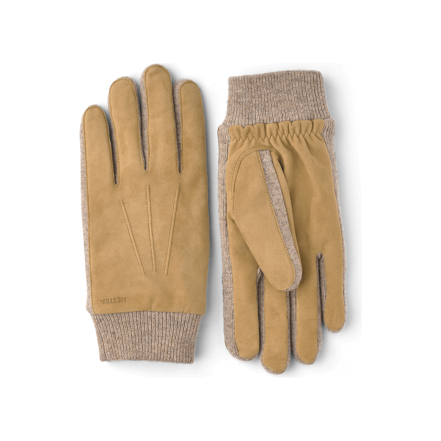 Men's Hestra Geoffrey Camel Glove with soft leather exterior and warm lining, designed for stylish winter protection.