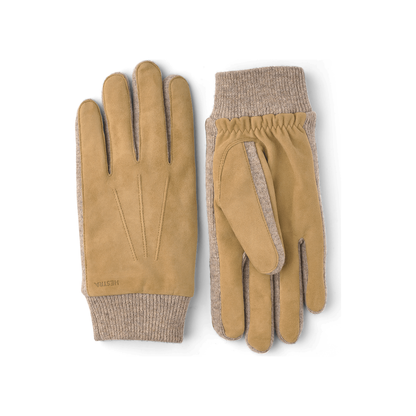 Men's Hestra Geoffrey Camel Glove with soft leather exterior and warm lining, designed for stylish winter protection.