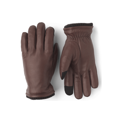 Brown Hestra John men's glove featuring soft leather and detailed stitching, ideal for cold weather.