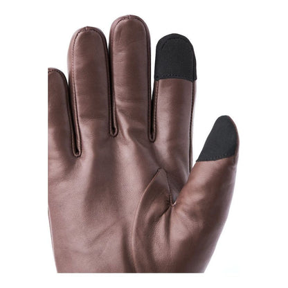 Men's Hestra John Glove in brown leather, showing the detailed stitching and classic design on a neutral background.