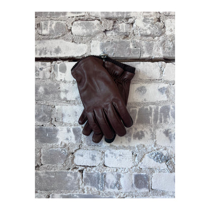 Men's Hestra John Glove in brown leather, showing close-up of soft, durable men's glove with detailed stitching.