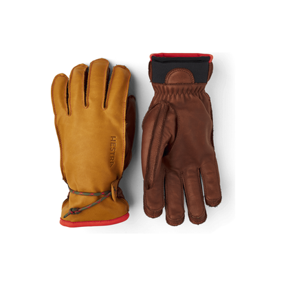 Men's Hestra Wakayama 5-Finger Glove in cork and brown leather, showing detailed close-up of the textured glove material.