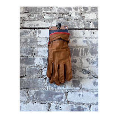 Men's Hestra Wakayama 5-Finger Glove with cork and brown leather, showing the detailed textured palm and finger design.