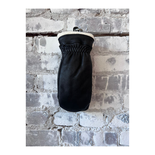 Women's Hestra Boda Mitt in black, showcasing a close-up of the insulated winter glove with textured palm and sleek design.