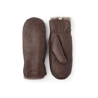 Women's Hestra Tiril Mitt in chocolate, insulated winter glove with soft lining and adjustable wrist strap.