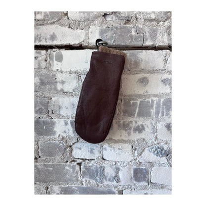 Women's Hestra Tiril Mitt in chocolate, insulated winter glove with leather exterior and cozy lining for cold weather.