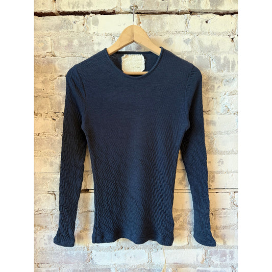 Women's V::Room High-Soft Double-Face Long-Sleeve Crew in dark navy, showing the comfortable, double-sided fabric and relaxed fit.