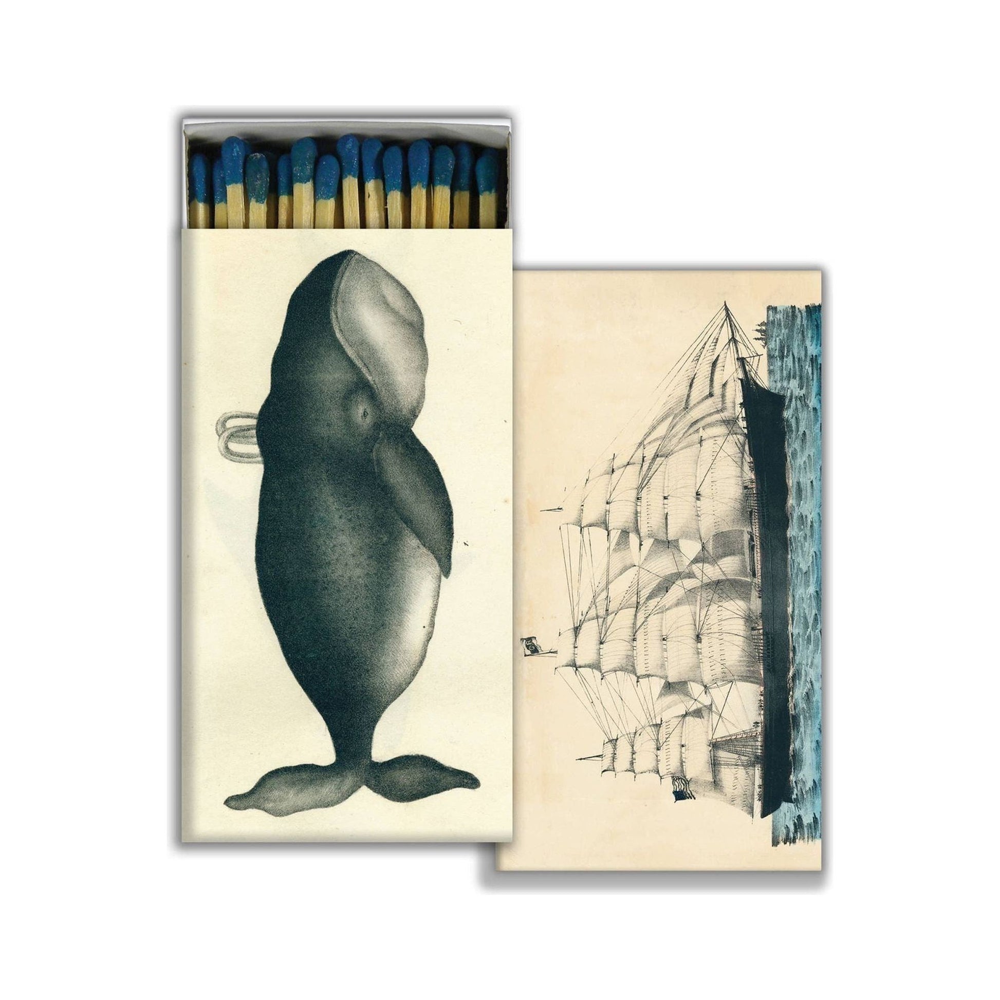 HomArt Whale and Clipper Ship matches in vintage-style packaging, perfect as nautical-themed home accessories.