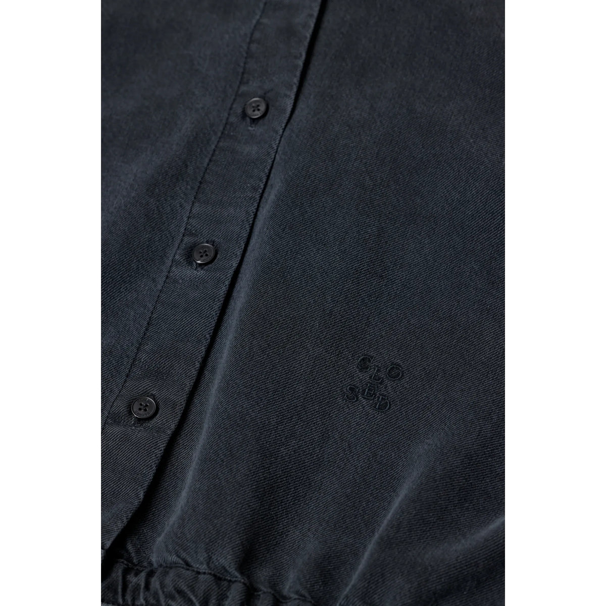 Black women's hooded Lyocell button-down shirt by Closed Women's, showing the relaxed fit and front button closure.