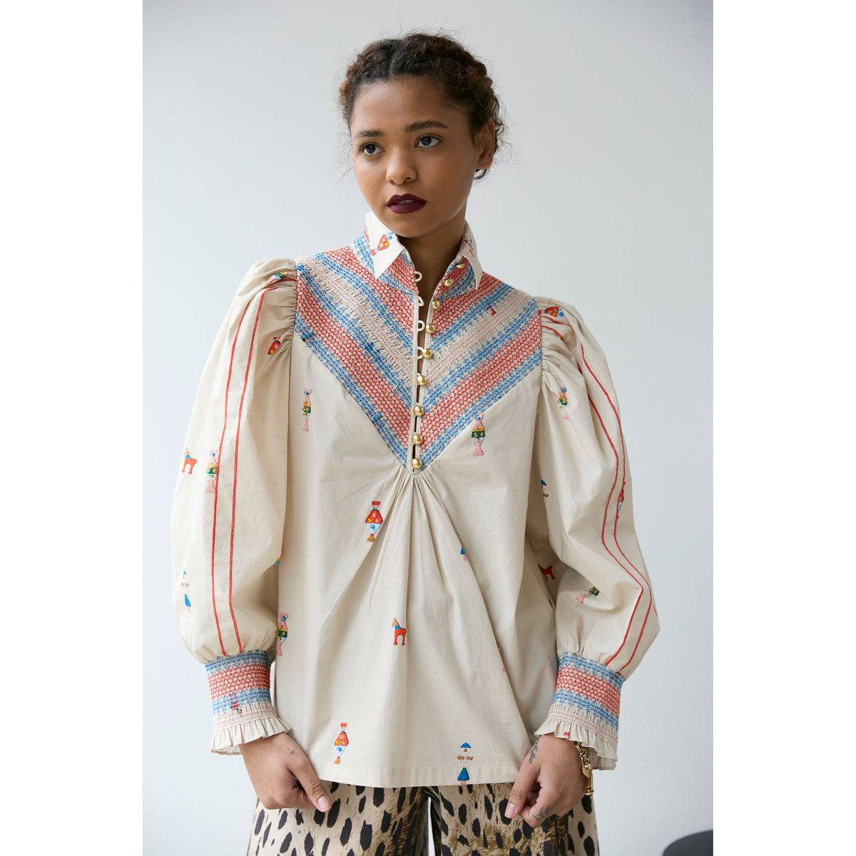 Embroidered Smocked Shirt - Vanilla Multi