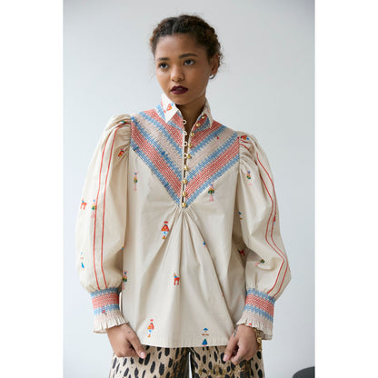 Embroidered Smocked Shirt - Vanilla Multi