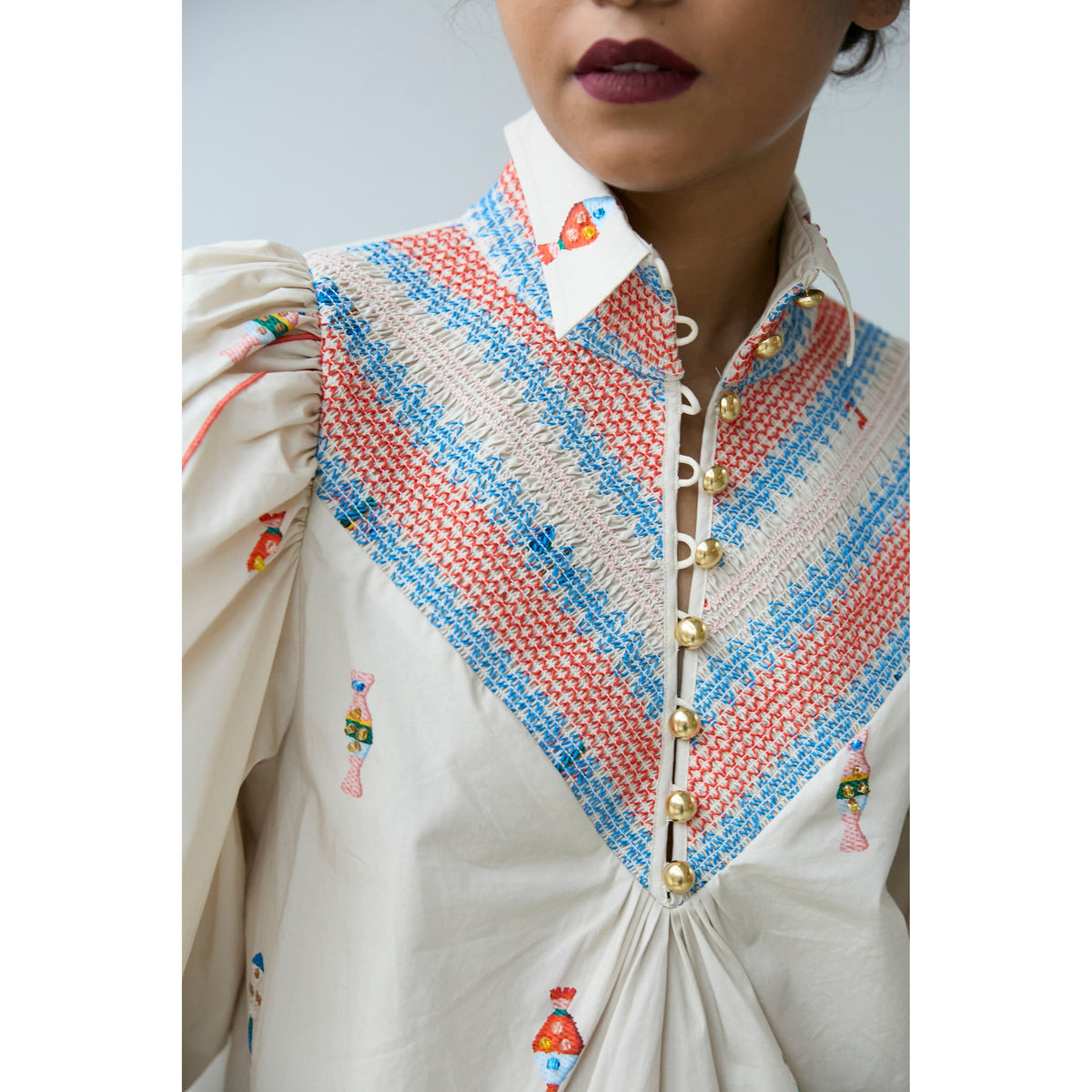 Embroidered Smocked Shirt - Vanilla Multi