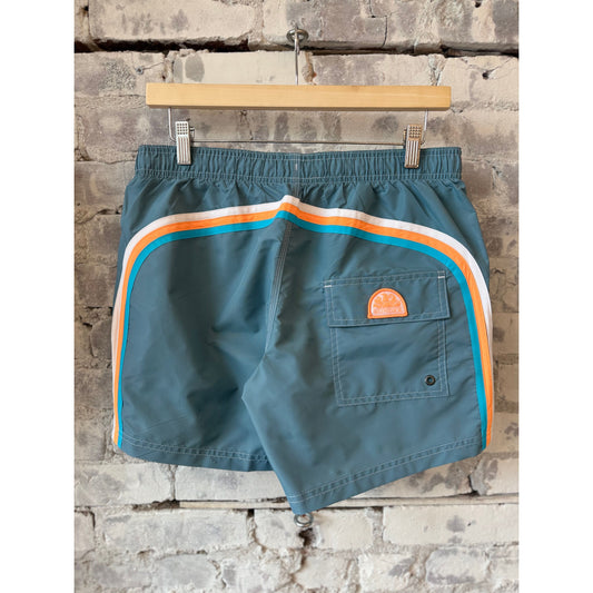 Men's Sundek Iconic Taffeta Elastic Waist Boardshort in Aviation color, featuring a smooth taffeta fabric and comfortable elastic waistband.