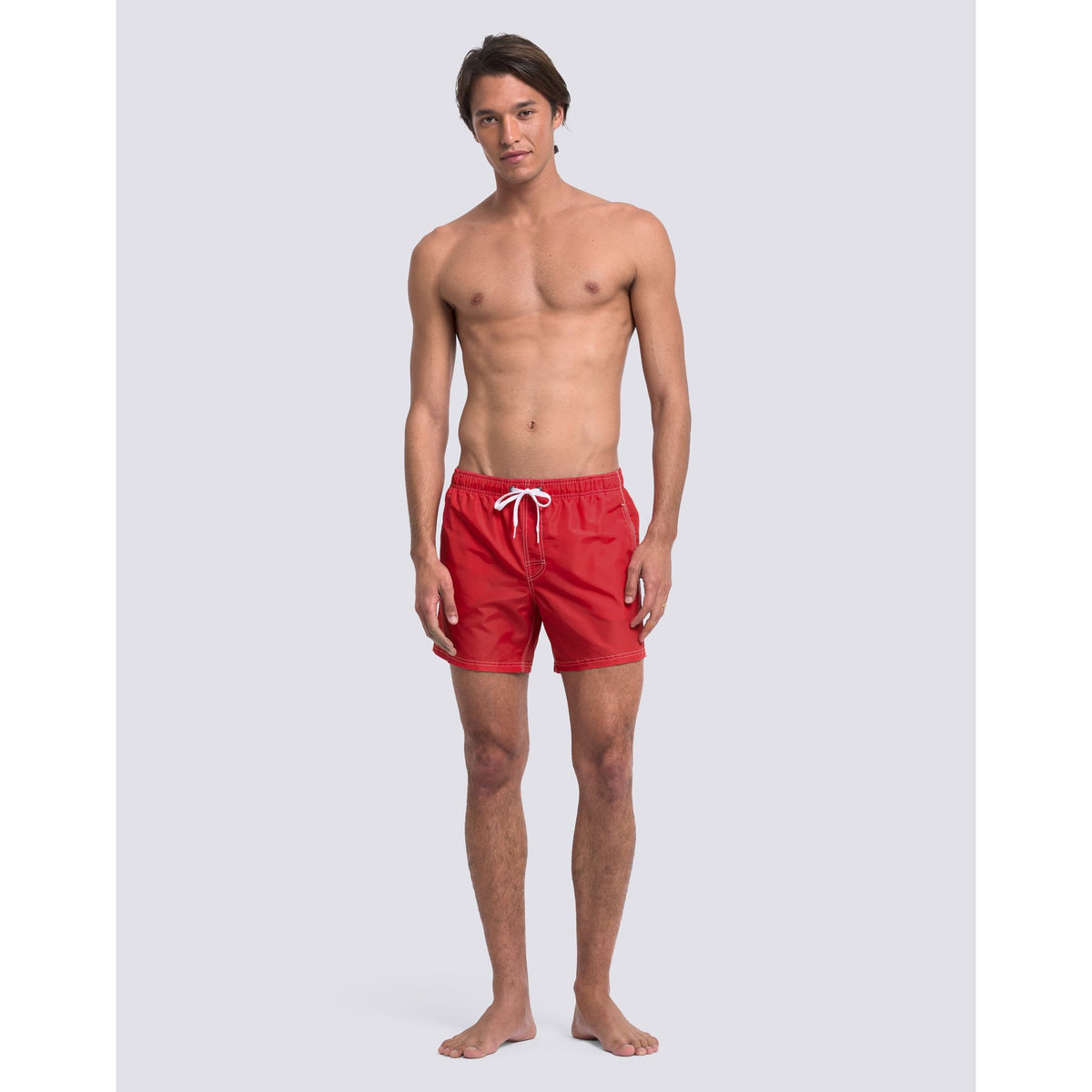 Men's Sundek Iconic Taffeta Elastic Waist Boardshort in Lolly Red, showing the vibrant color and comfortable elastic waistband.