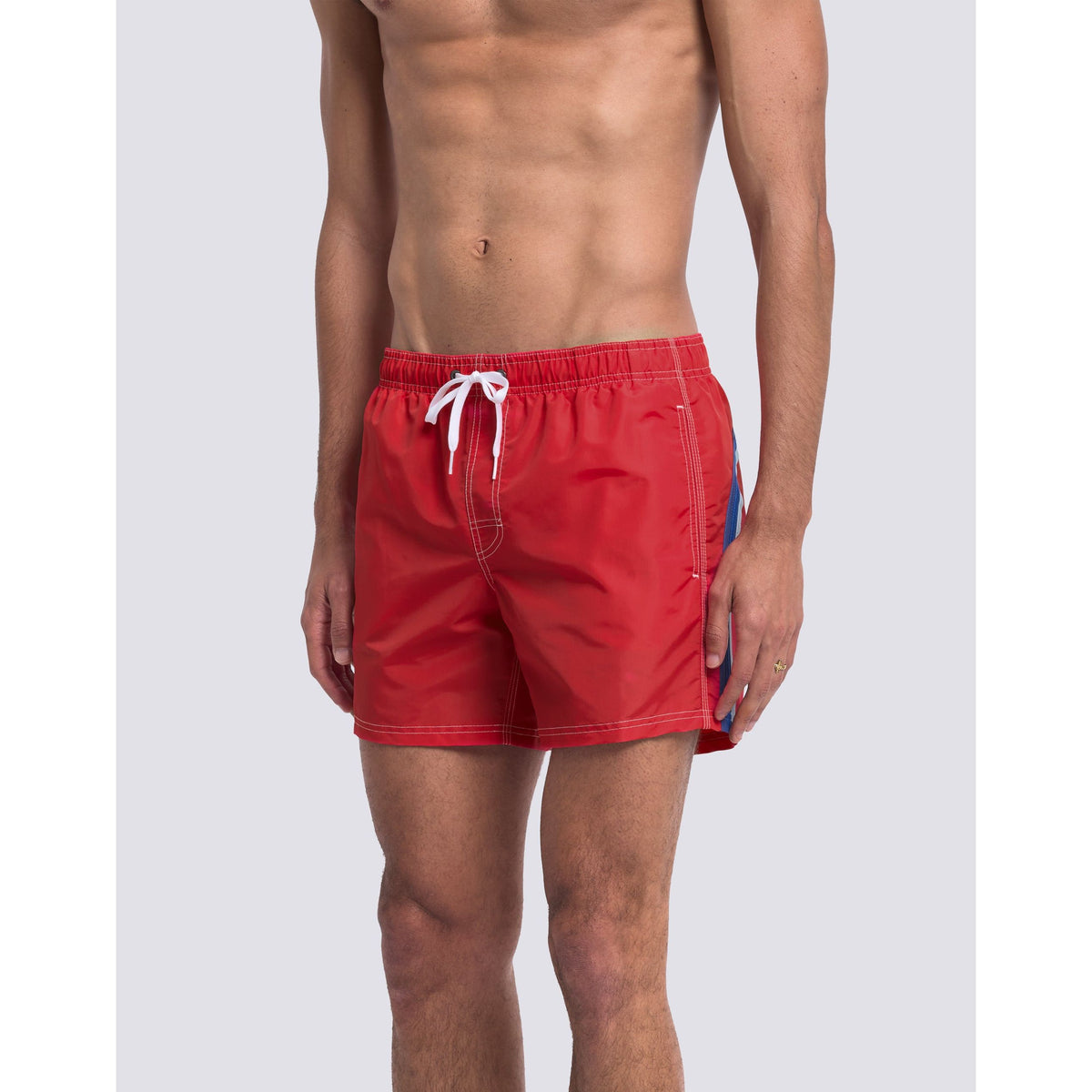 Men's Sundek Iconic Taffeta Elastic Waist Boardshort in Lolly Red, showcasing the vibrant red color and comfortable fit.