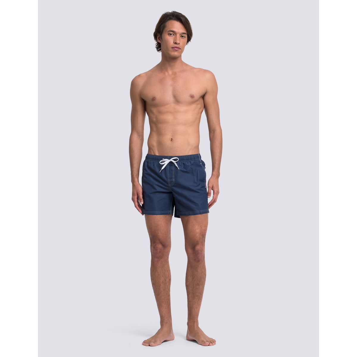 Men's navy sundek Iconic Taffeta elastic waist boardshort with adjustable waistband and classic surf style.