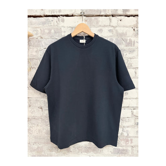 Men's navy IF Tee by 04651/ displayed on a hanger, showcasing a simple, classic crew neck design in a solid navy color.