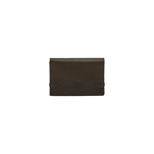 Black vintage leather tri-fold wallet by Il Bisonte showing multiple card slots and bill compartment.