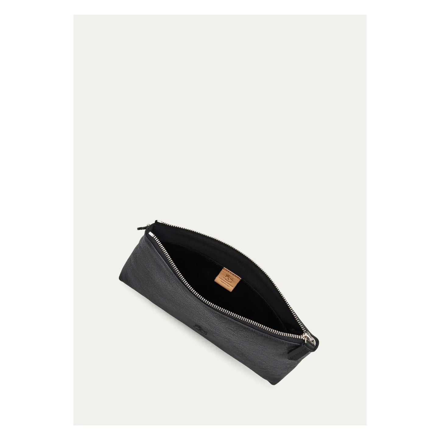 Black women's Il Bisonte Oriuolo clutch with textured leather and minimalist design, featuring a sleek and compact style.