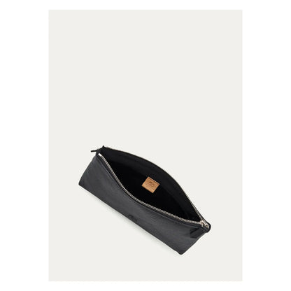 Black women's Il Bisonte Oriuolo clutch with textured leather and minimalist design, featuring a sleek and compact style.