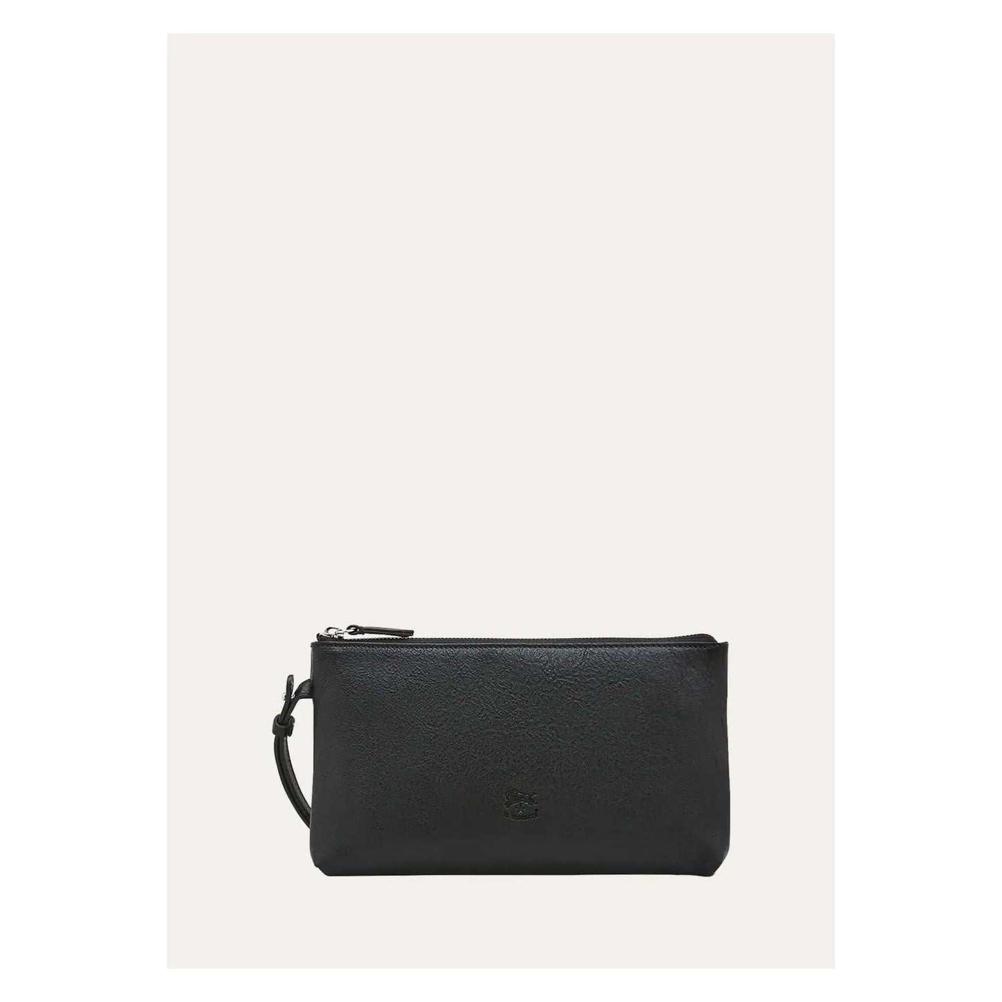 Women's black Oriuolo clutch bag by Il Bisonte, featuring a sleek design and textured leather surface.