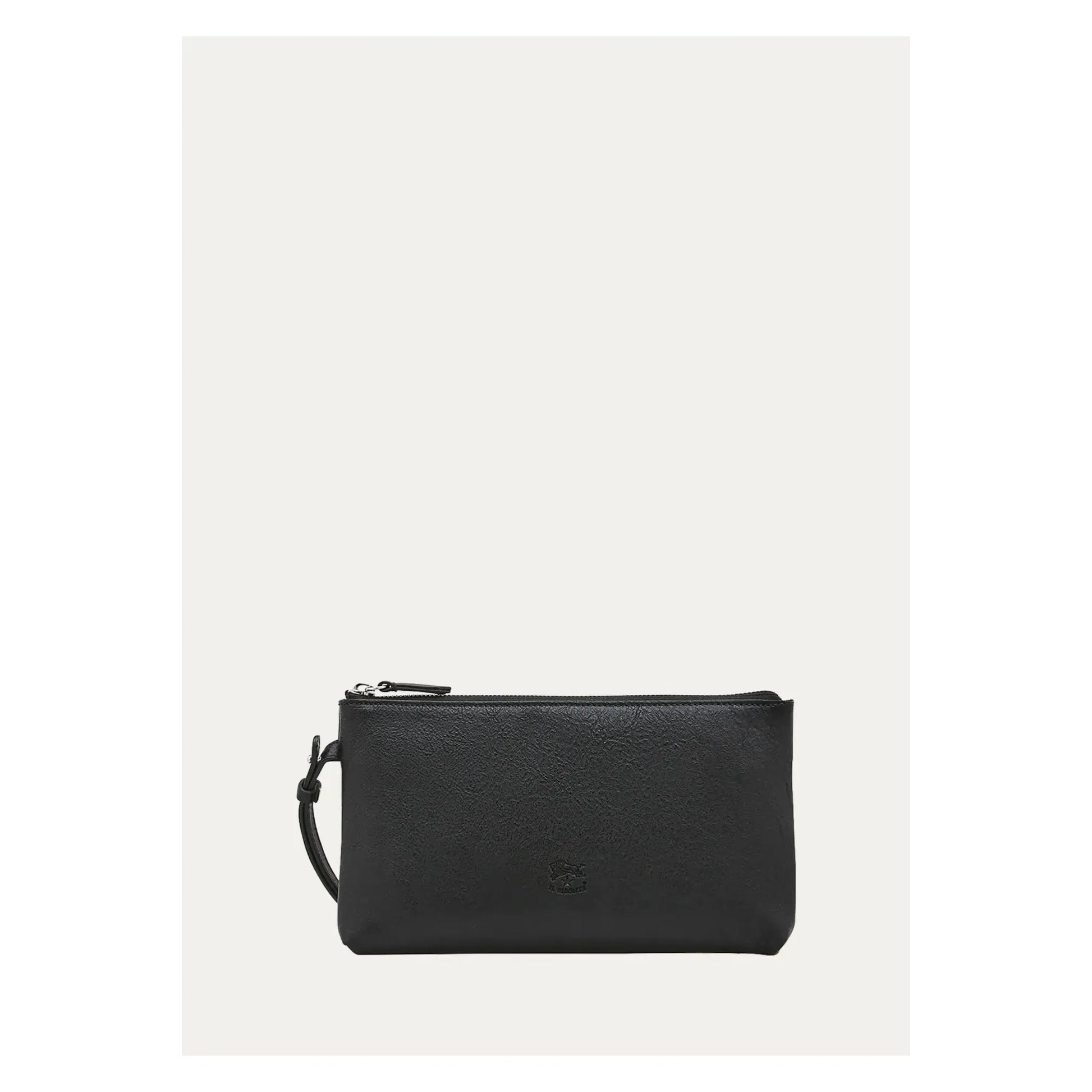 Women's black Oriuolo clutch bag by Il Bisonte, featuring a sleek design and textured leather surface.