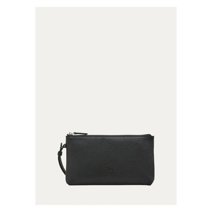 Women's black Oriuolo clutch bag by Il Bisonte, featuring a sleek design and textured leather surface.
