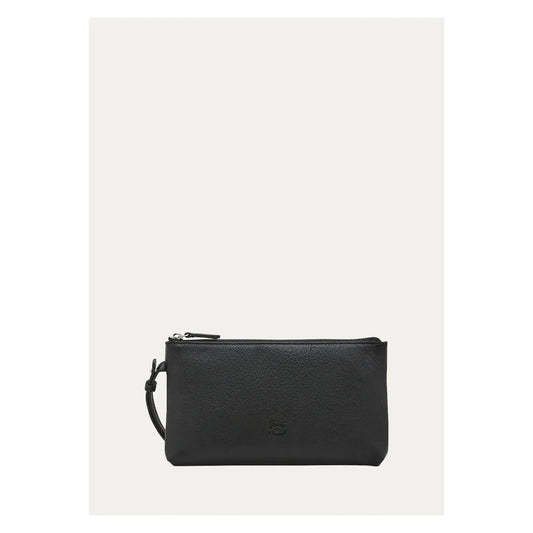 Women's black Oriuolo clutch bag by Il Bisonte, featuring a sleek design and textured leather surface.