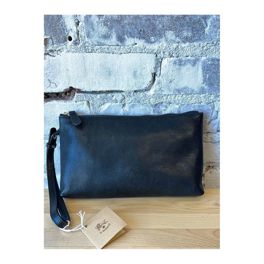 Black women's Clutch Oriuolo by Il Bisonte featuring smooth leather and a sleek, minimalist design.