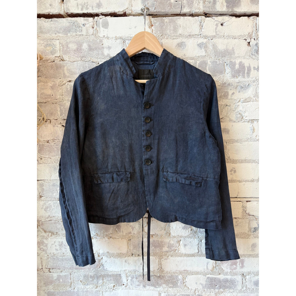 Women's Indigo Charcoal Dyed Linen Dobby Jacket by Pas de Calais, showcasing a tailored fit with textured linen fabric.