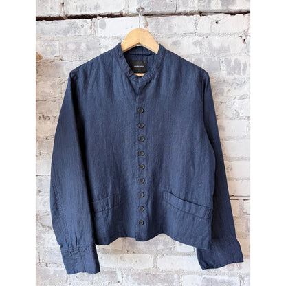 Women's Indigo Linen Chambray Jacket by Pas de Calais, dark indigo color, tailored fit, with collar and button details.
