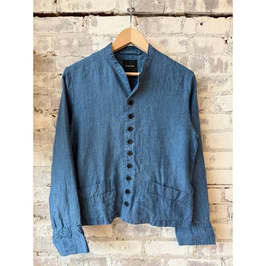 Light indigo linen chambray jacket for women by Pas De Calais, featuring a relaxed fit and classic style.