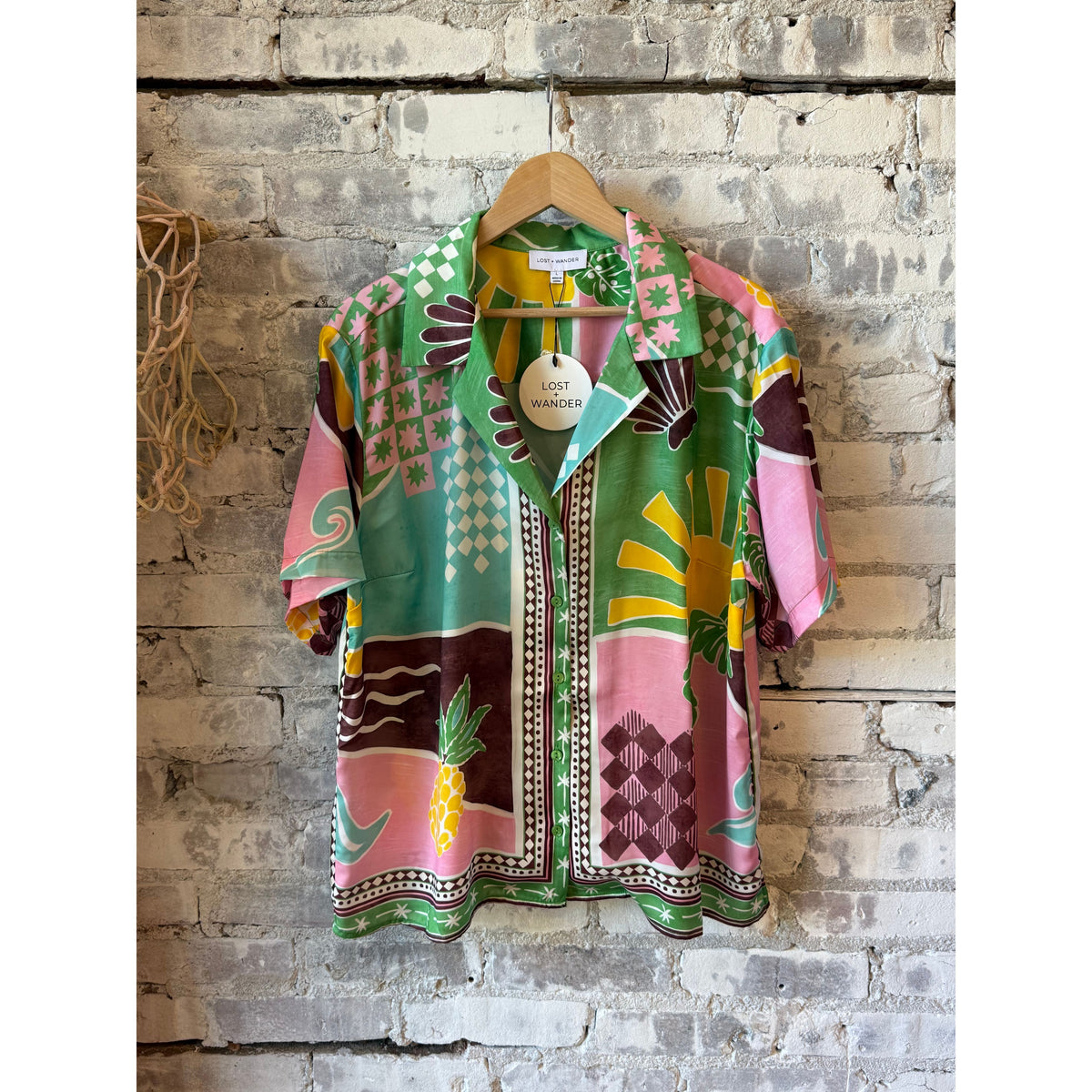 Women's Isla Spell Button Down Shirt in green multi by Lost + Wander, featuring a stylish, patterned button-up design.