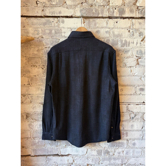 Men's Ralph Lauren Jacquard Knit Flannel Sport Shirt in dark cobalt and polo black, featuring a detailed jacquard knit pattern.