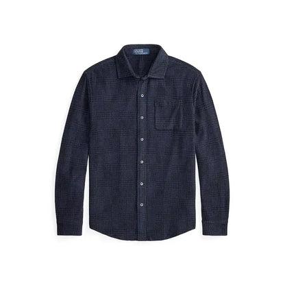 Men's Ralph Lauren jacquard knit flannel sport shirt in dark cobalt and polo black with intricate pattern details.