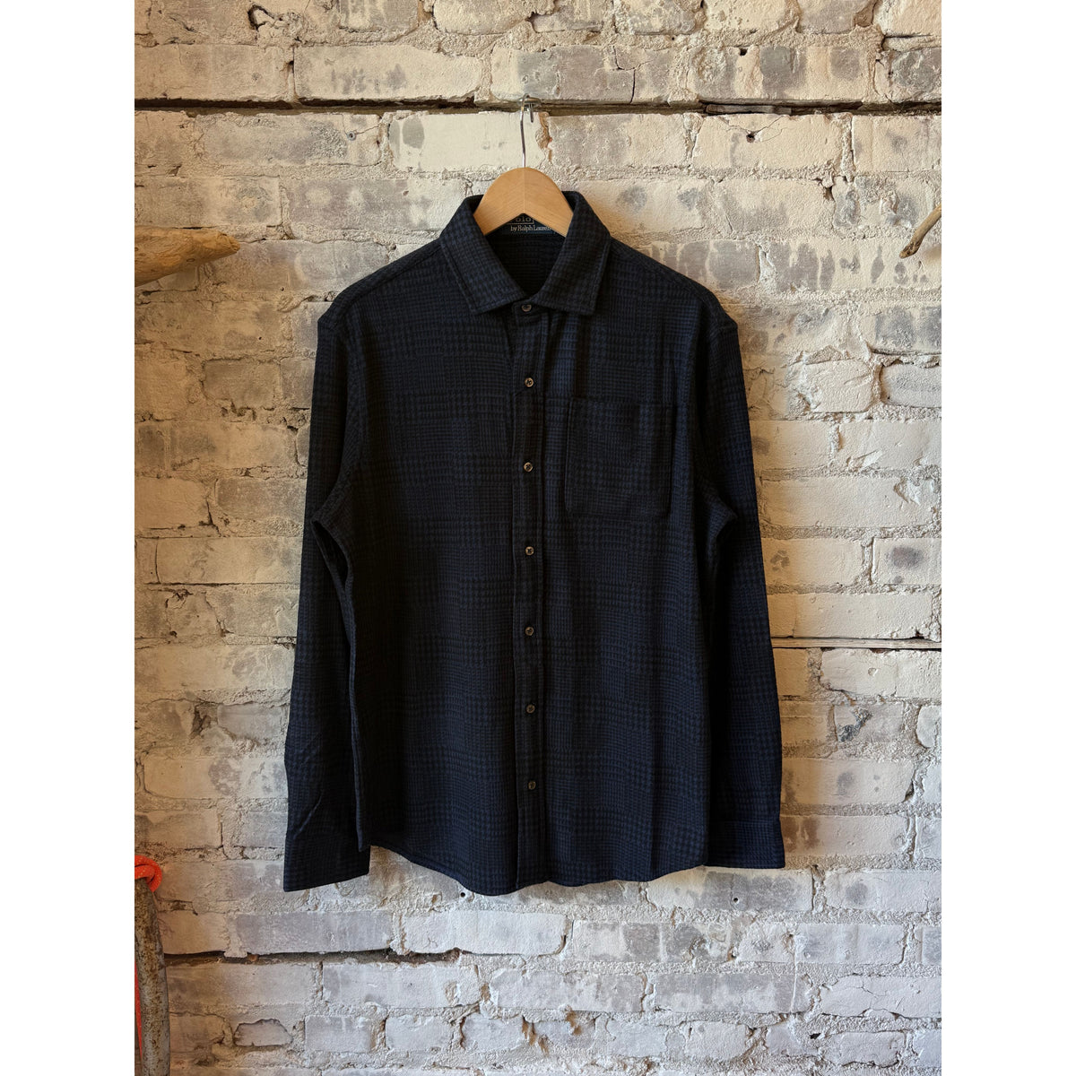 Men's Ralph Lauren Jacquard Knit Flannel Sport Shirt in dark cobalt and polo black, featuring textured knit fabric and classic fit.