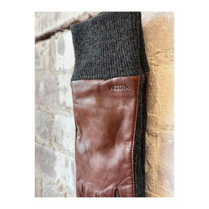 Women's Hestra Jeanne Glove in chestnut and cork, showing the stylish leather and fabric design with a cozy interior.