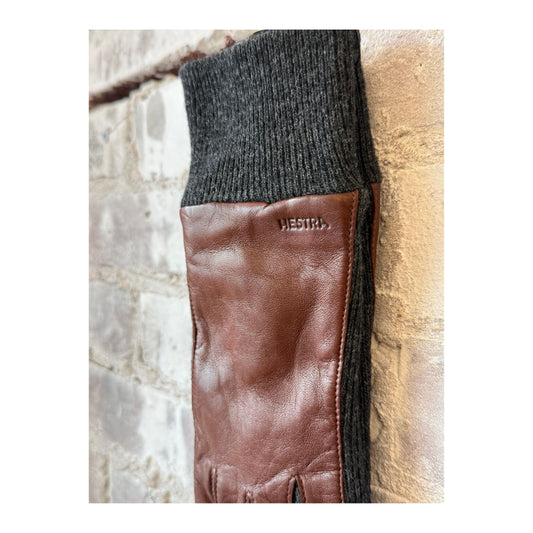Women's Hestra Jeanne Glove in chestnut and cork, showing the stylish leather and fabric design with a cozy interior.