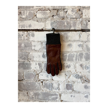 Women's Hestra Jeanne Glove in chestnut and cork leather, showing the stylish, warm glove with detailed stitching and soft lining.