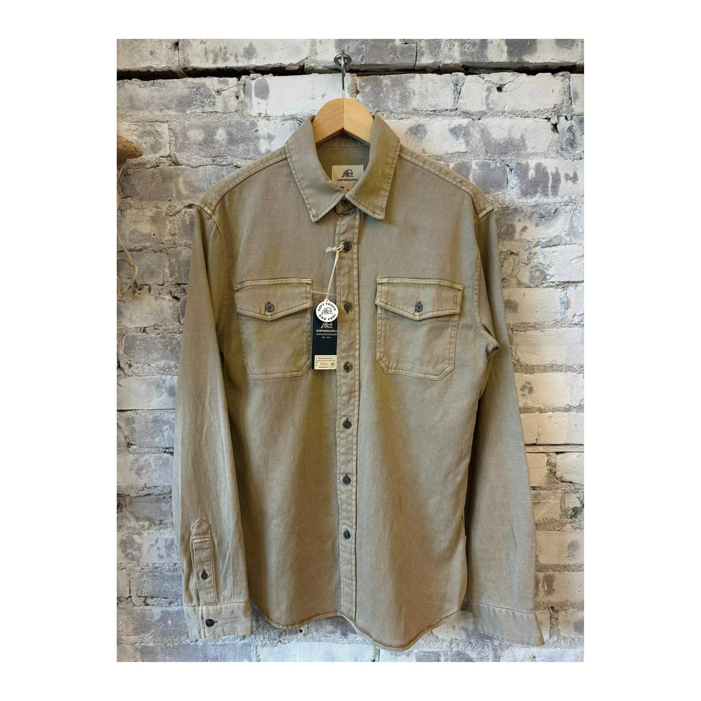 Men's Jeb long-sleeve shirt by Surfside Supply in chinchilla with two chest pockets, garment-dyed for a soft, casual look.