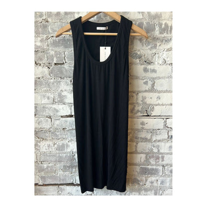 Black Gemini Rib Racerback Dress for women by John Elliot, close-up of fitted ribbed fabric and racerback design.