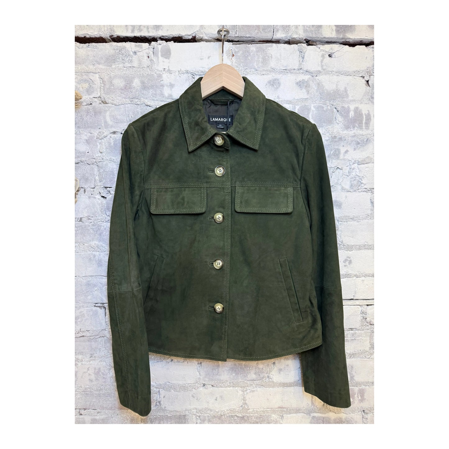 Women's Jolene Suede Jacket in dark olive by LAMARQUE, featuring a stylish tailored fit and soft suede texture.
