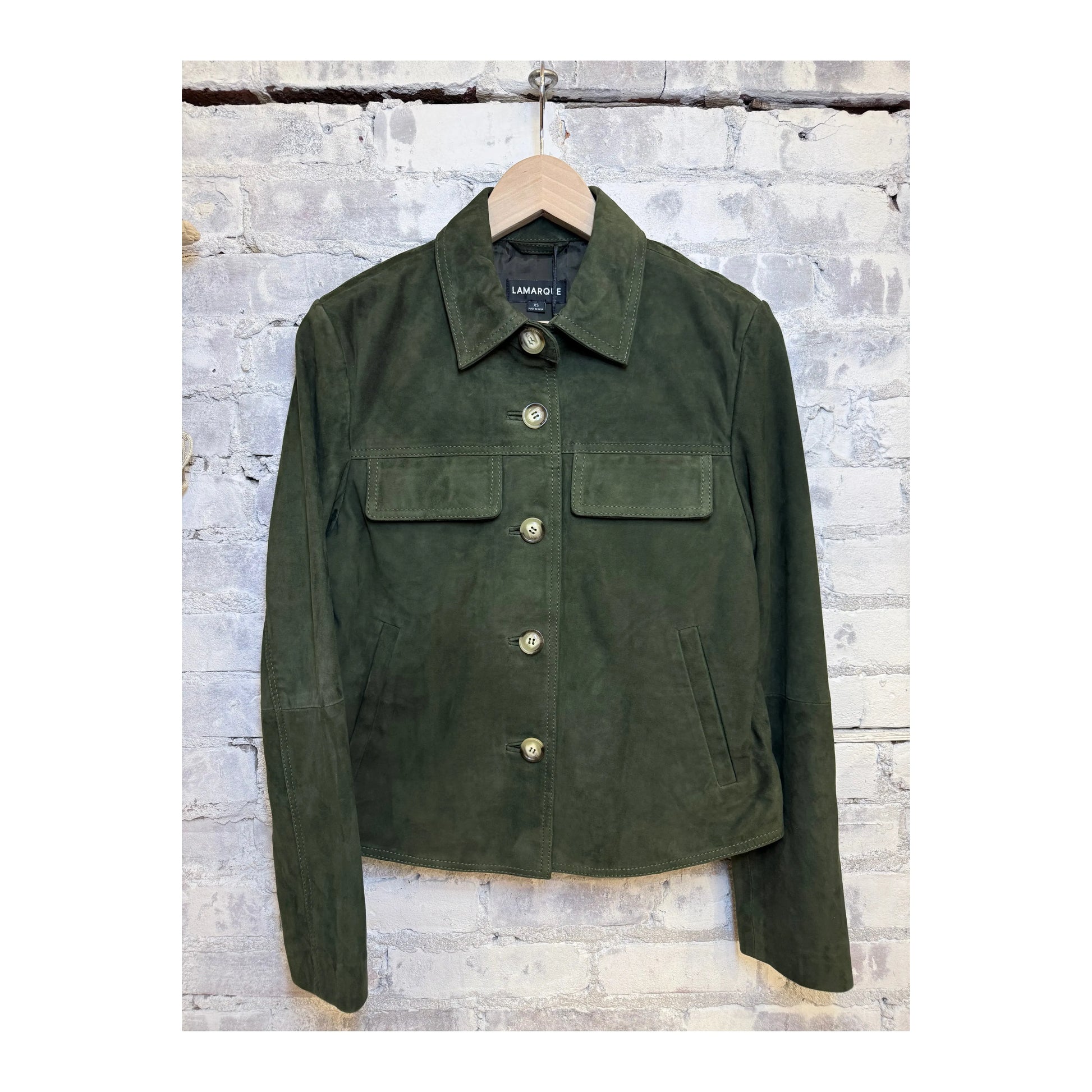 Women's Jolene Suede Jacket in dark olive by LAMARQUE, featuring a stylish tailored fit and soft suede texture.
