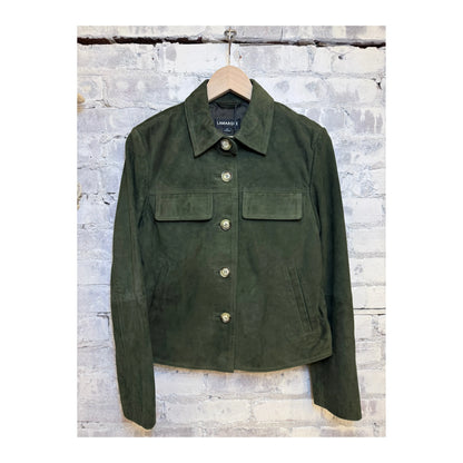 Women's Jolene Suede Jacket in dark olive by LAMARQUE, featuring a stylish tailored fit and soft suede texture.