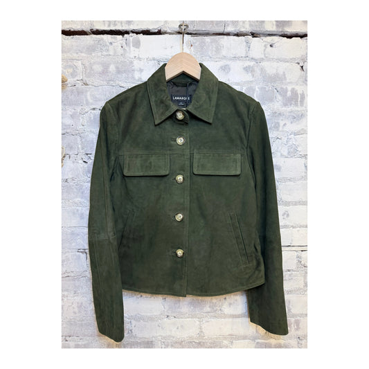 Women's Jolene Suede Jacket in dark olive by LAMARQUE, featuring a stylish tailored fit and soft suede texture.