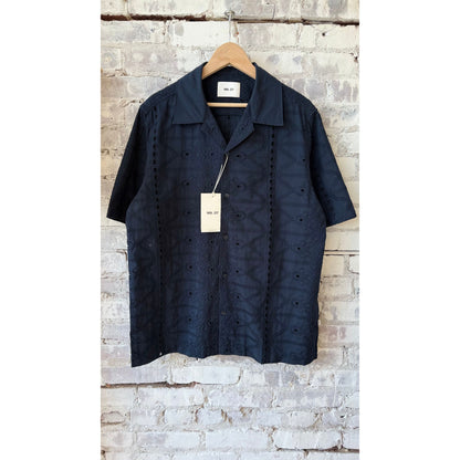 Men's navy blue Julio embroidery shirt by NN07, featuring detailed embroidery and classic fit, shown on a mannequin.