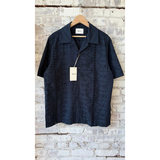 Men's navy blue Julio embroidery shirt by NN07, featuring detailed embroidery and classic fit, shown on a mannequin.