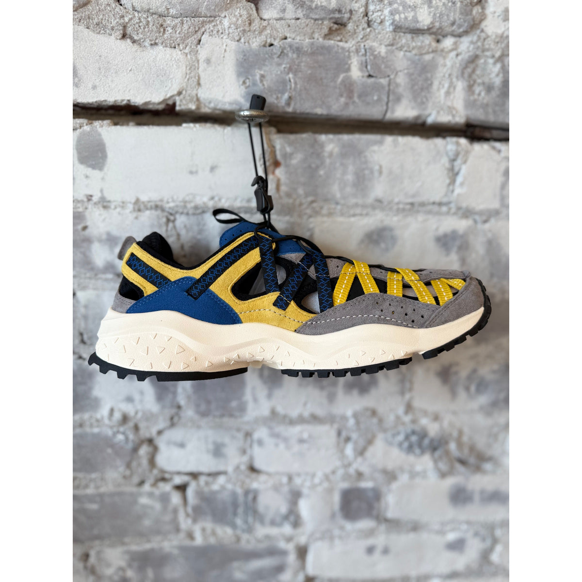 Flower Mountain Kazana men's beige, yellow, and navy sandal sneaker with breathable fabric and sporty design.