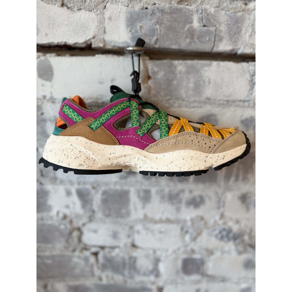 Flower Mountain Kazana women's sandals or sneakers in salmon, orange, and fuchsia with colorful strap details.