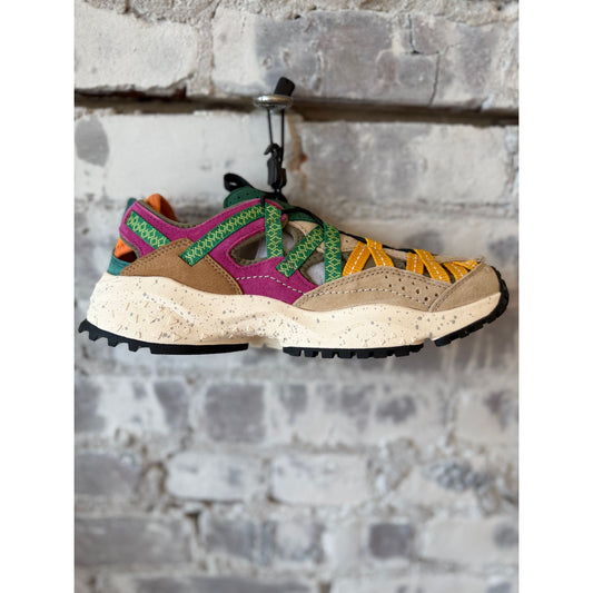 Flower Mountain Kazana women's sandals or sneakers in salmon, orange, and fuchsia with colorful strap details.